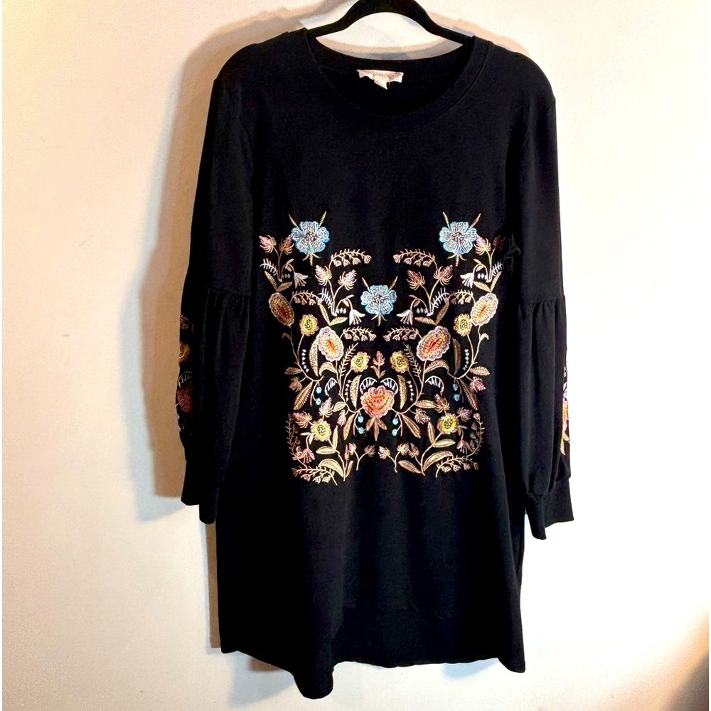 LUNA MOON Sz L Tunic Embroidered Long Puff Sleeves Jersey Knit High Low